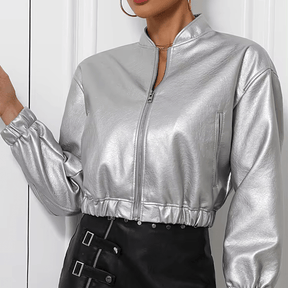 Jaqueta Feminina de Couro Prata Outwear