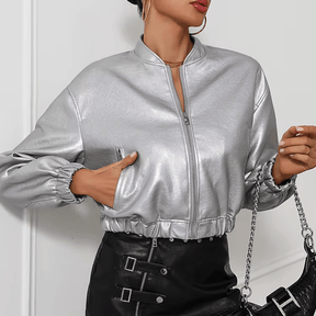 Jaqueta Feminina de Couro Prata Outwear